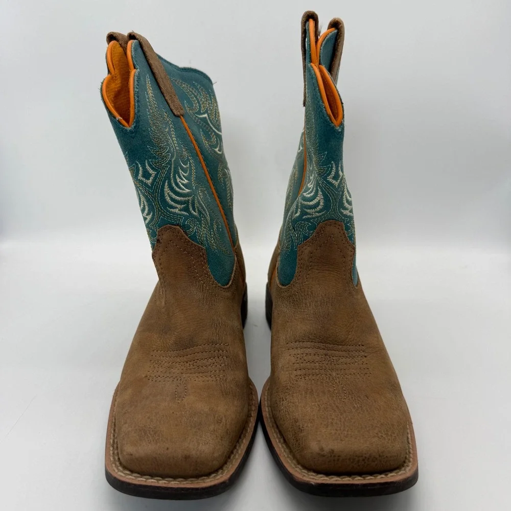Ariat Western Boots Kids Size 1 Brown Teal 10053621 Square Toe Leather Cowboy